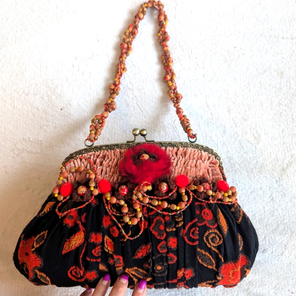 Embroidered Black and Red Beaded Mary Poppins Handbag